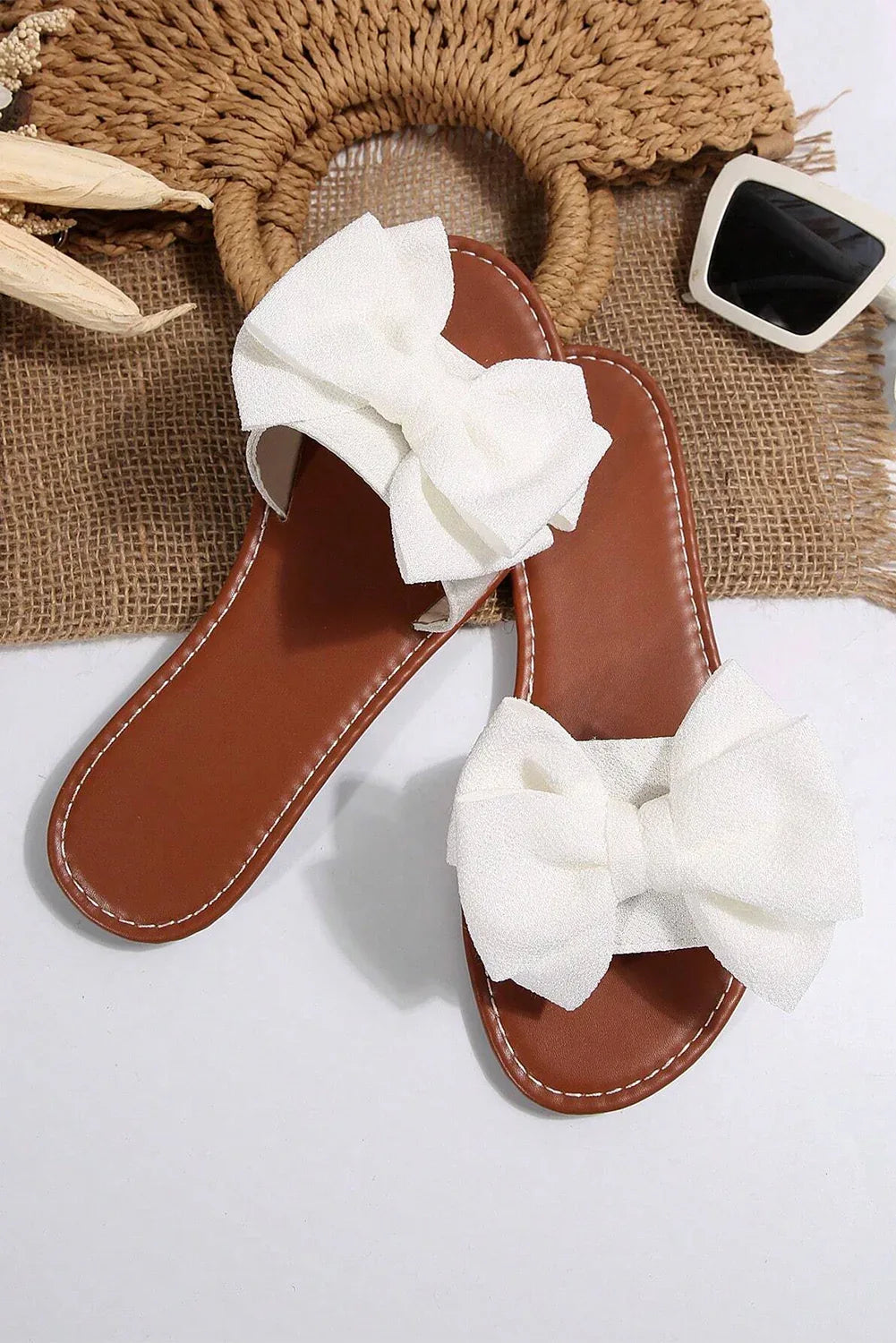 White Bow Decor Flat Slippers - Shello's Creative Boutique