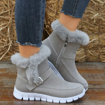 Korean Edition Velvet Snow Boots – Autumn & Winter Short Flat Boots with Side Zipper - Shello's Creative Boutique