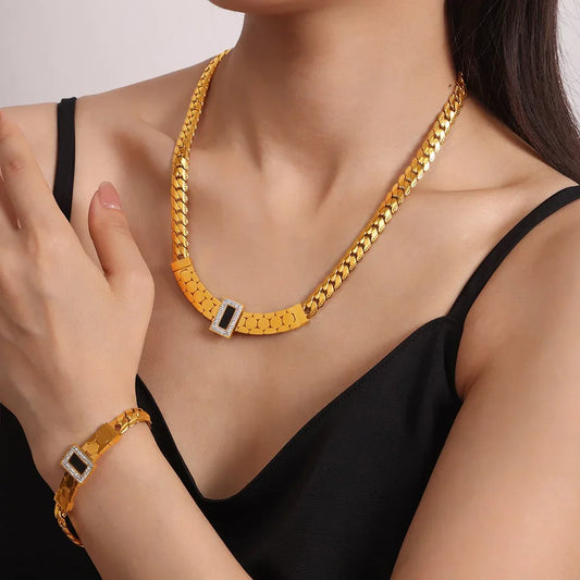 18K gold exquisite light luxury geometric inlaid zircon and gemstone design versatile bracelet necklace set - Shello's Creative Boutique