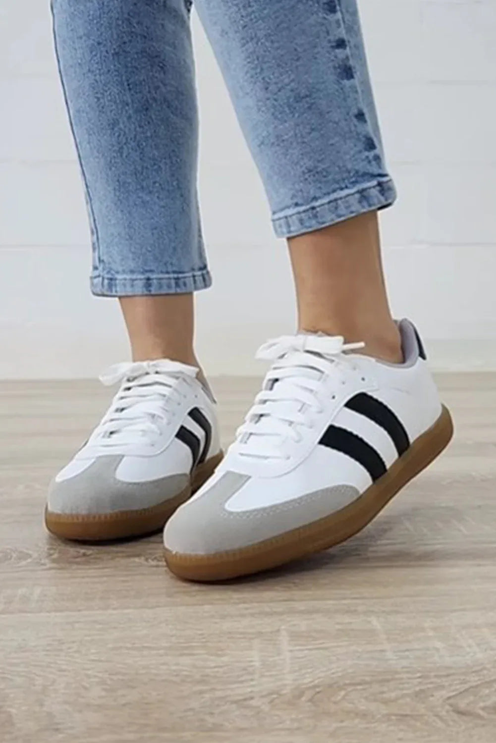 White Striped Lace Up Flat Sneakers - Shello's Creative Boutique
