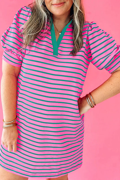 Rose Stripe Collared Puff Sleeve Dress - Playful, Chic, and Perfect for Any Occasion! - Shello's Creative Boutique