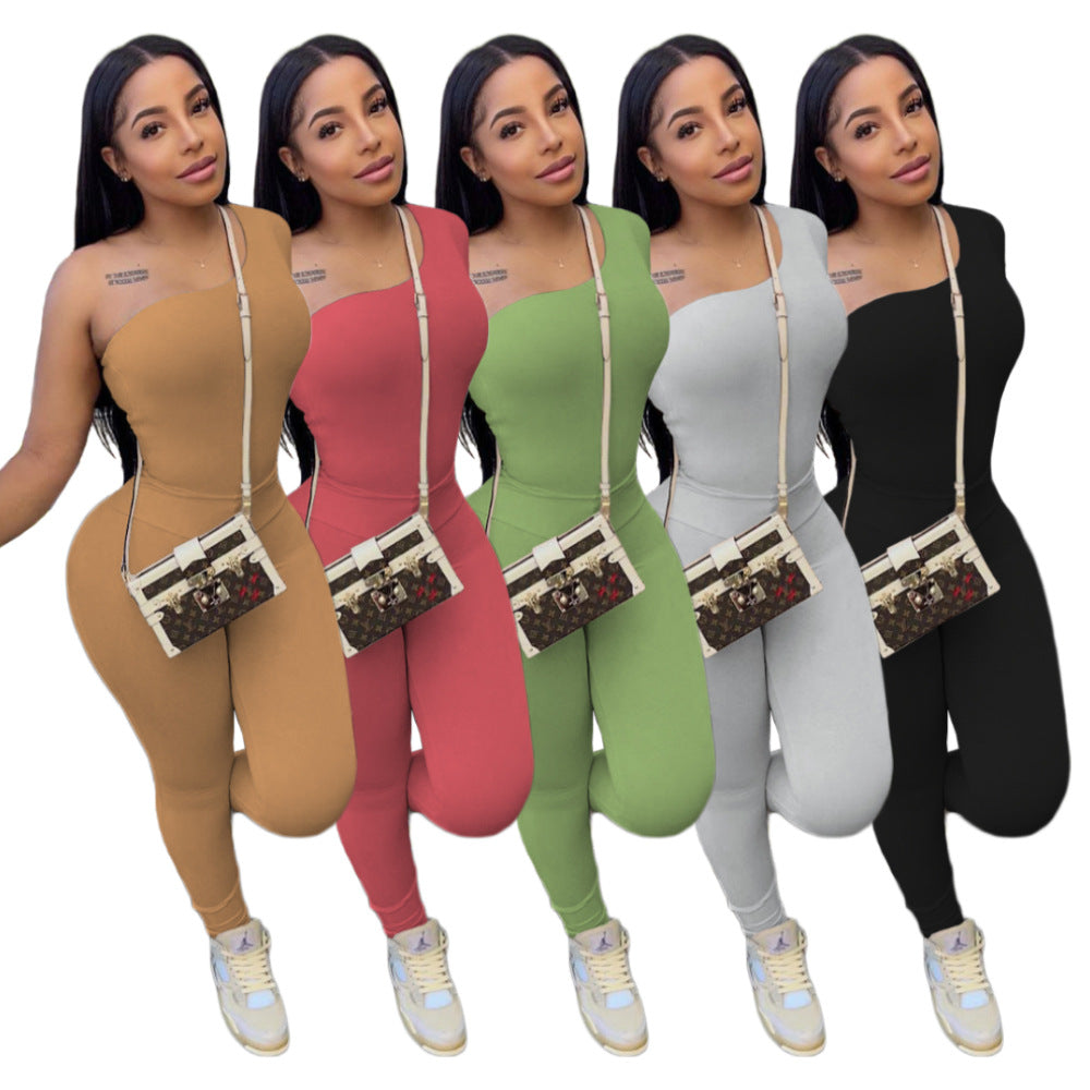 Women Spring Solid Color Long Sleeve One Shoulder Two Piece Set Solid Color Suit eprolo