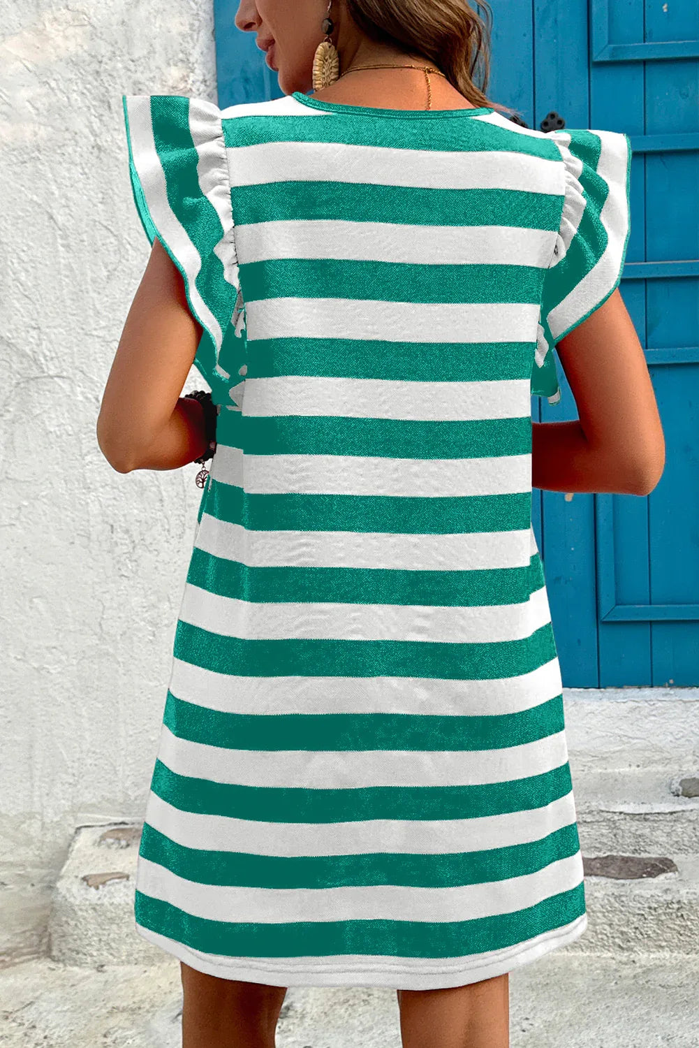 Green Stripe Flutter Sleeve Round Neck Shift Mini Dress - Shello's Creative Boutique