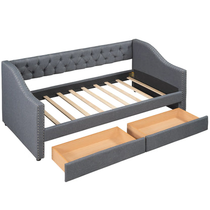 Upholstered Twin Size daybed with Two Drawers Wood Slat Support Gray - Shello's Creative Boutique