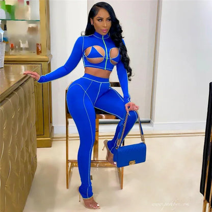 Patchwork Hollow Out Two Piece Set Women Tracksuit Chic Zipper Crop Tops Leggings Co-Ord Striped Undefined Streetwear - Shello's Creative Boutique