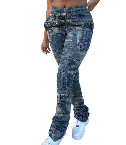 Elevate Your Style Women's Fashion Faux Denim Print Drawstring Elastic Waist Pants! - Shello's Creative Boutique