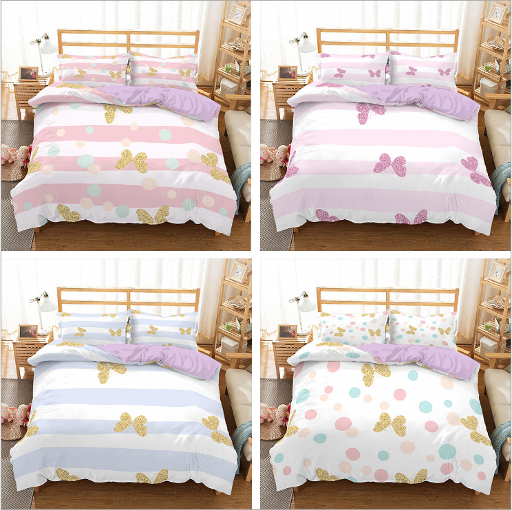 3D digital printing three piece princess bed stripe butterfly quilt cover pillow case eprolo