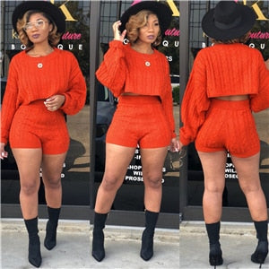 Women Knitted Sweaters Two Piece Set O Neck Long Sleeve Loose Crop Top High Waist Shorts eprolo