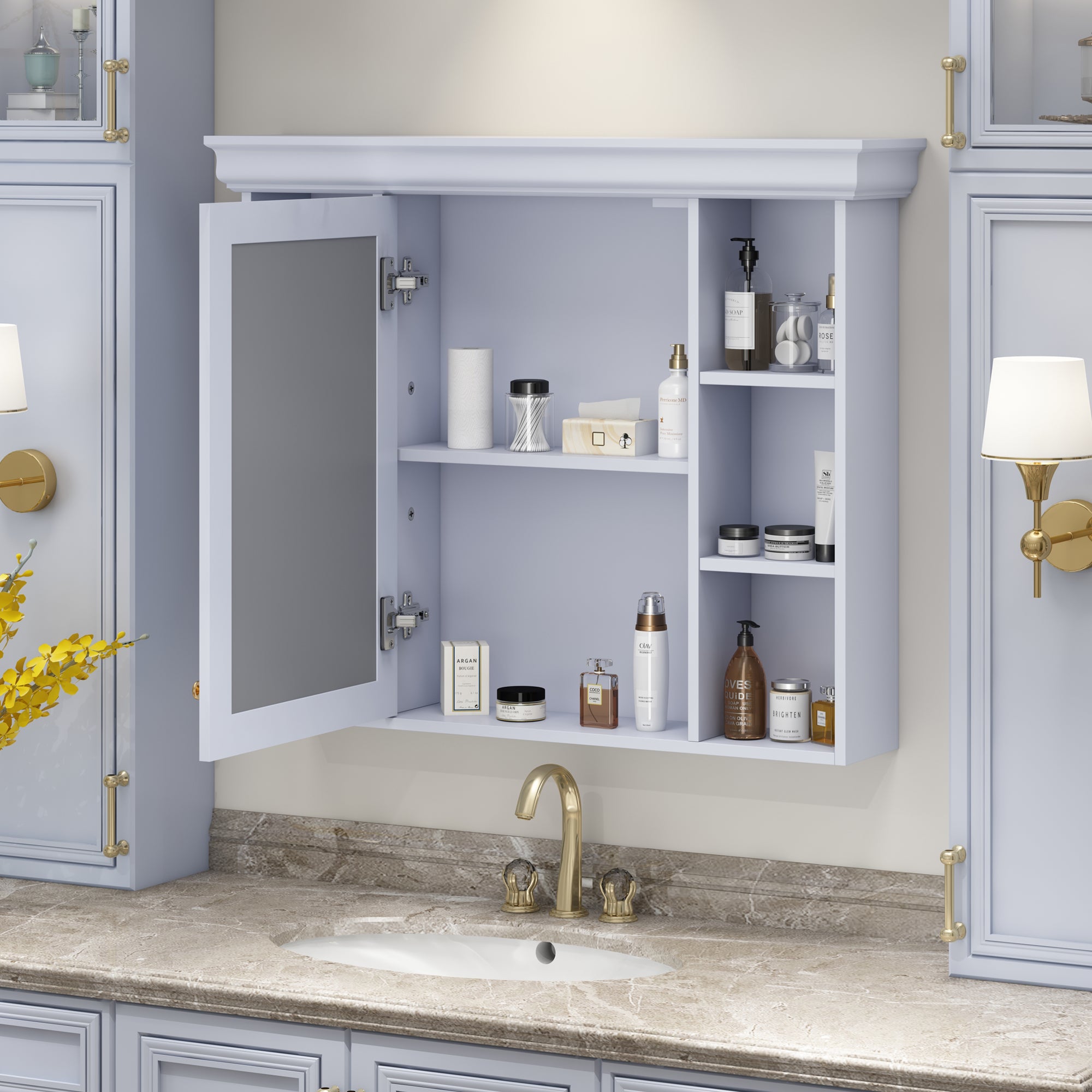 35'' x 28'' Blue Wall Mounted Bathroom Storage Cabinet with Mirror Door, Modern Bathroom Wall Cabinet with Mirror eprolo