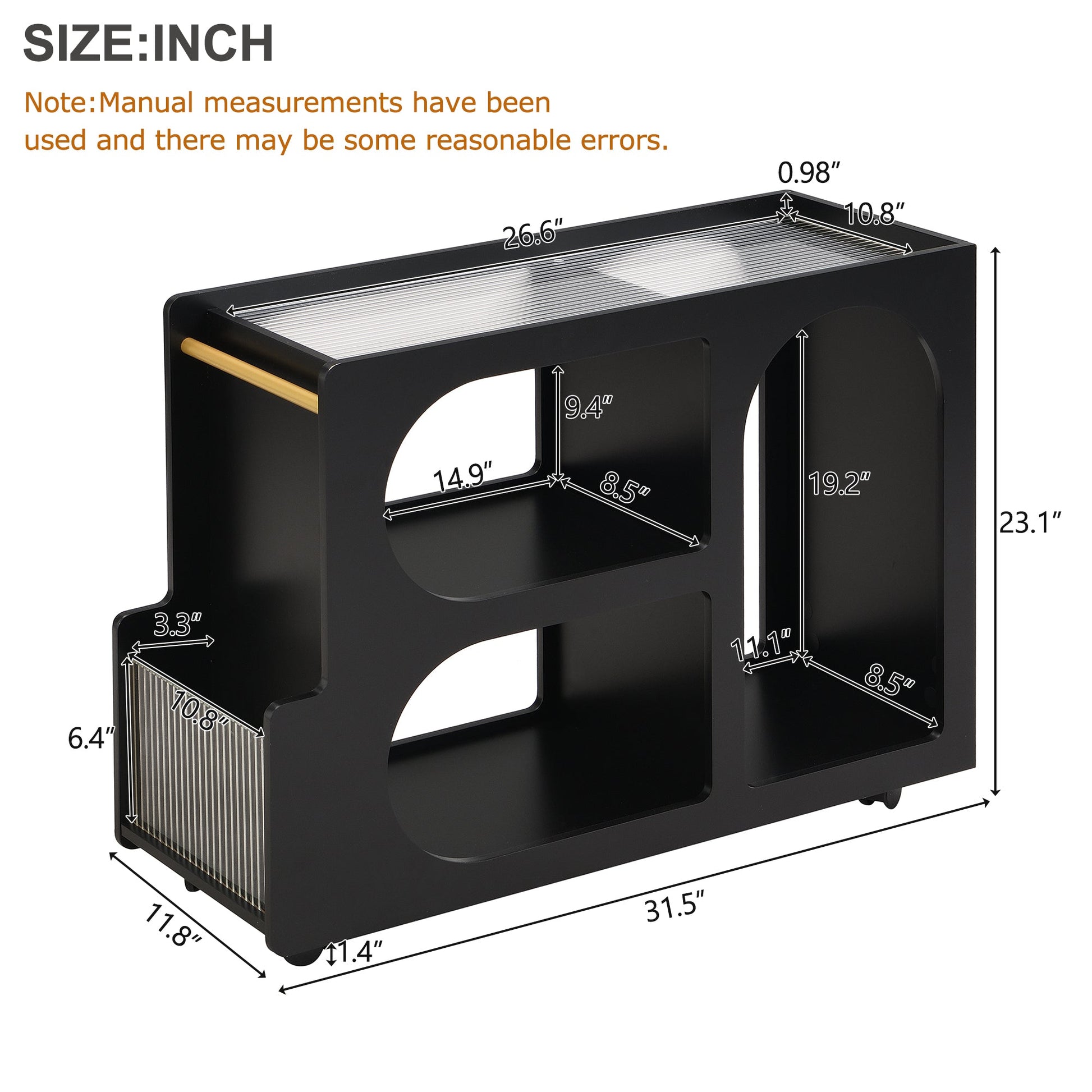 Stylish mobile desk with lockable wheels,bedside table with 5mm thick grooved tempered glass and gold round bars ，black eprolo
