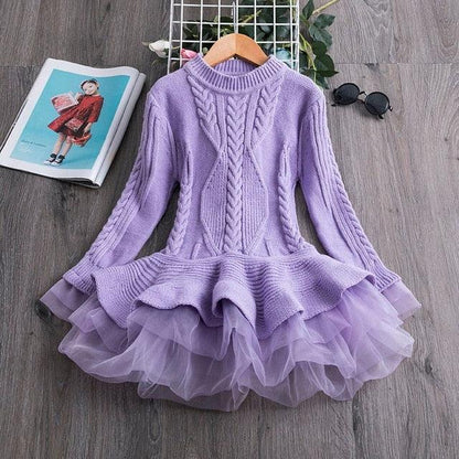 Winter Knitted Chiffon Girl Dress – Party Long Sleeve Children’s Clothes - Shello's Creative Boutique