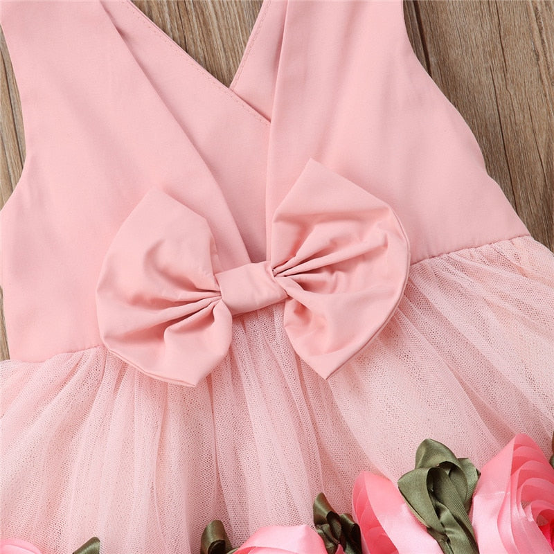 Toddler Baby Kids Girls clothes Flower print V-neck sleeveless Tulle Bow Casual cotton backless Summer Mini Dresses one pieces eprolo