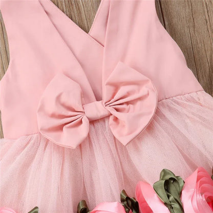 Toddler Baby Kids Girls clothes Flower print V-neck sleeveless Tulle Bow Casual cotton backless Summer Mini Dresses one pieces - Shello's Creative Boutique