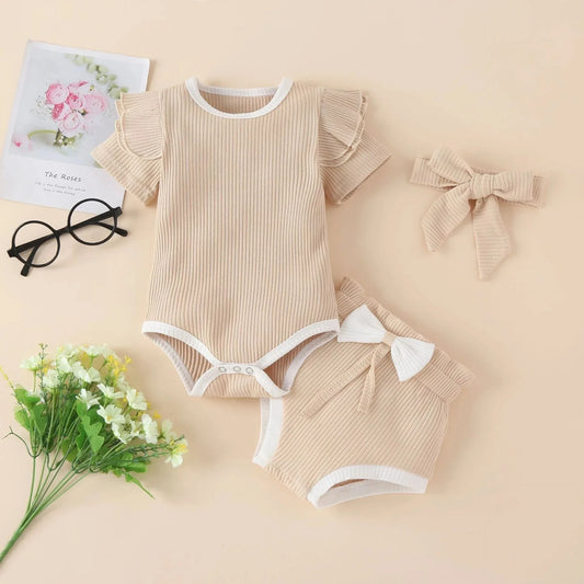 Autumn and winter foreign trade children's clothing solid color pit striped cotton long-sleeved romper with bowknot trousers three-piece suit - Shello's Creative Boutique