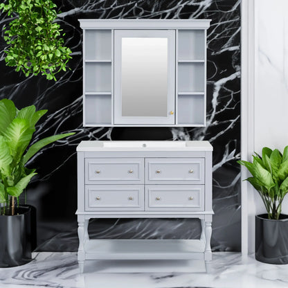 36'' Bathroom Vanity with Medicine Cabinet, Modern Mirror Cabinet with Adjustable Shelf, Bathroom Storage Cabinet with 4 Drawers - Shello's Creative Boutique