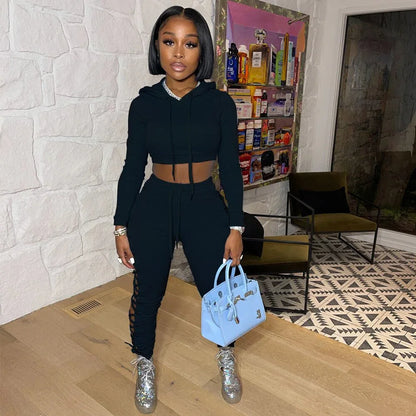 Autumn Women Tracksuit Two Piece Set Backless Hollow Out Bandage Solid Color Party Night Clubwear Sportsuit Clothes For Women - Shello's Creative Boutique