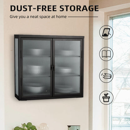 Retro Style Haze Double Glass Door Wall Cabinet With Detachable Shelves for Office Dining Room Living Room eprolo