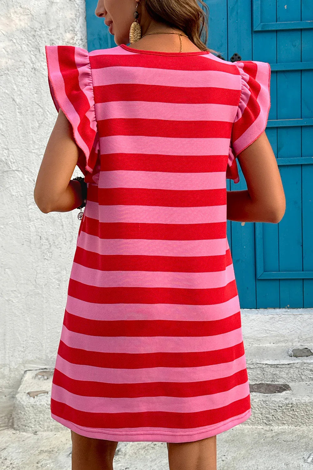 Green Stripe Flutter Sleeve Round Neck Shift Mini Dress - Shello's Creative Boutique