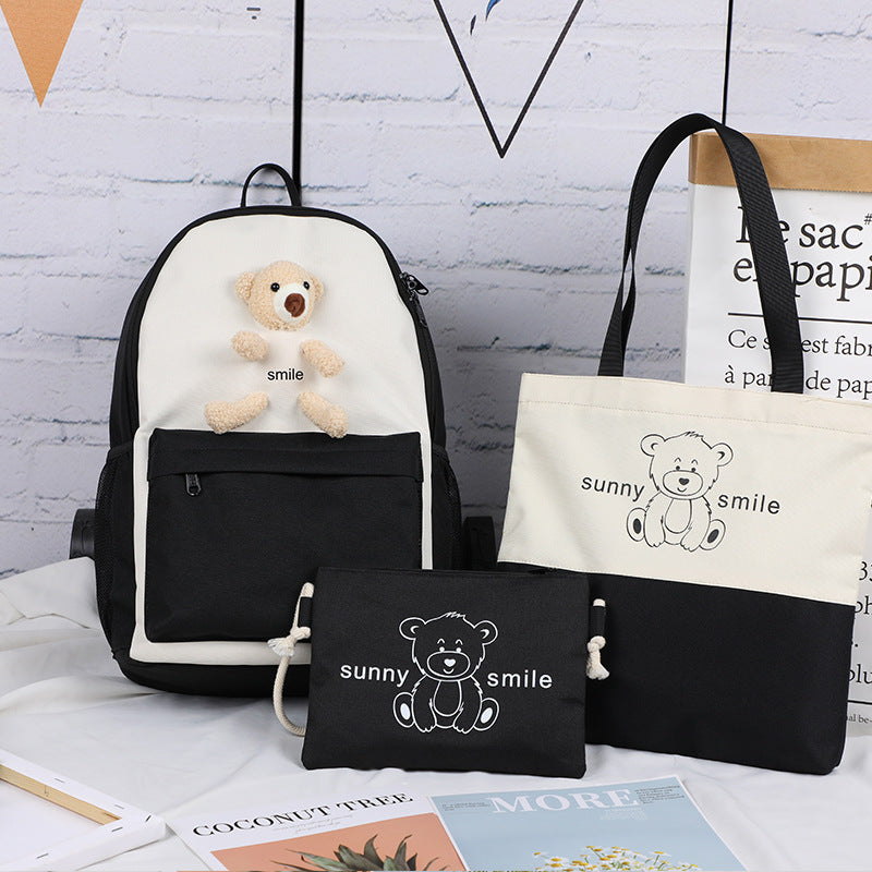 College style backpack bear backpack Girls high school student schoolbag three piece set eprolo