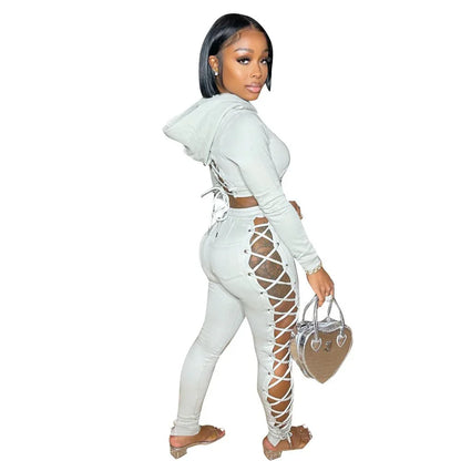 Autumn Women Tracksuit Two Piece Set Backless Hollow Out Bandage Solid Color Party Night Clubwear Sportsuit Clothes For Women - Shello's Creative Boutique