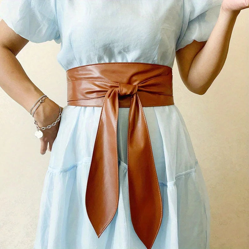 Black Bowknot Obi Belt  Lace Up Tied Knot Corset PU Wide Belts Cinch Waistband Elegant Dress Coat Girdle For Women eprolo