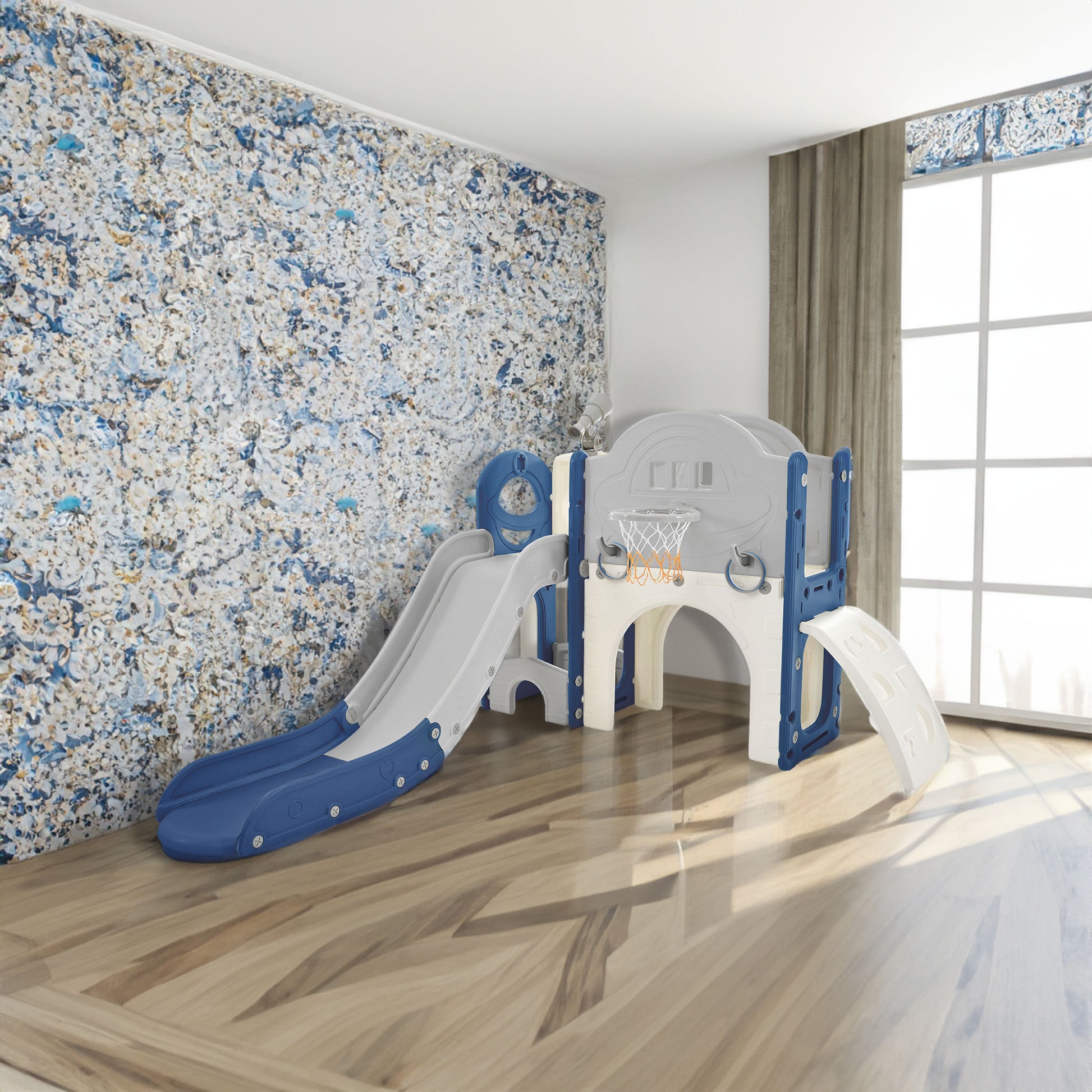 Kids Slide Playset Structure 7 in 1, Freestanding Spaceship Set with Slide, Arch Tunnel Blue+Grey + HDPE eprolo