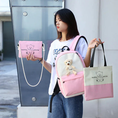 College style backpack bear backpack Girls high school student schoolbag three piece set - Shello's Creative Boutique