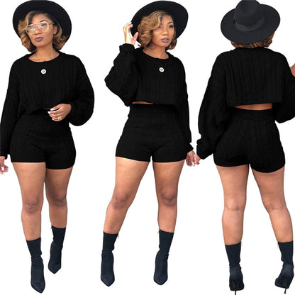Women Knitted Sweaters Two Piece Set O Neck Long Sleeve Loose Crop Top High Waist Shorts eprolo
