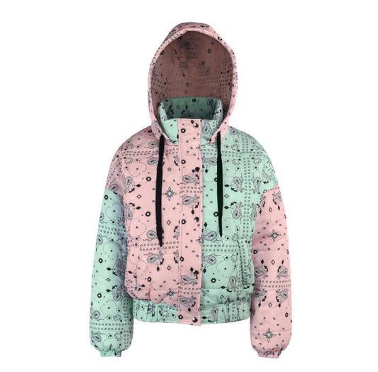 Autumn Winter Fashion Women's Colorblock printing Long Sleeve Zipper Cotton Padded Jacket Coats - Shello's Creative Boutique