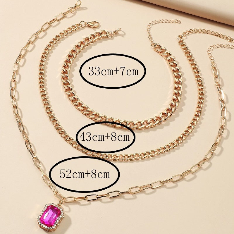 Diamond inlaid multi-layer necklace minimalist square pendant three piece set eprolo