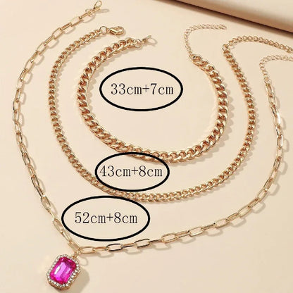 Diamond inlaid multi-layer necklace minimalist square pendant three piece set - Shello's Creative Boutique