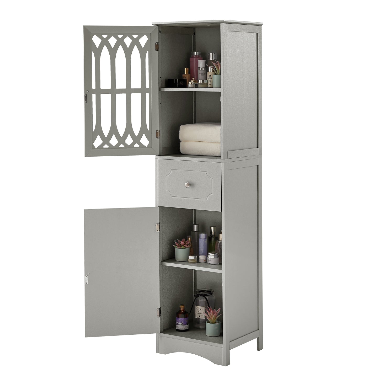 Tall Bathroom Cabinet, Freestanding Storage Cabinet with Drawer and Doors, MDF Board, Acrylic Door, Adjustable Shelf, Grey eprolo