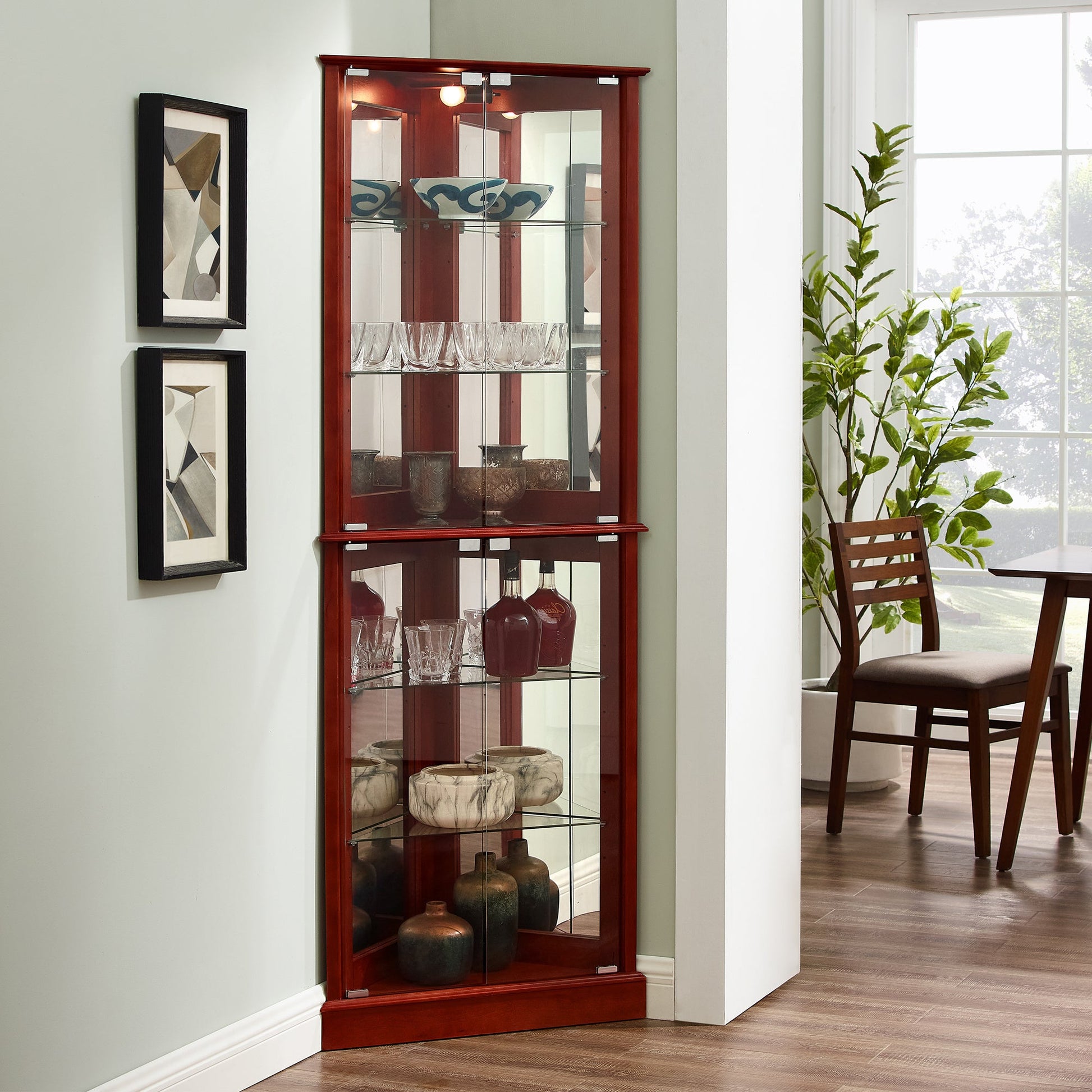 Corner Curio Dispaly Cabinet with Lights, Adjustable Tempered Glass Shelves, Mirrored Back,Cherry(E26 light bulb not included) eprolo