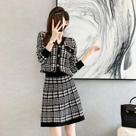 Short person wearing fashionable casual suit for women in autumn and winter, small fragrant style sweater, A-line skirt, knitted two-piece set skirt - Shello's Creative Boutique