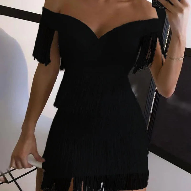 White Off Shoulder Tassel Mini Dress - Bodycon Bandage Dress - Shello's Creative Boutique