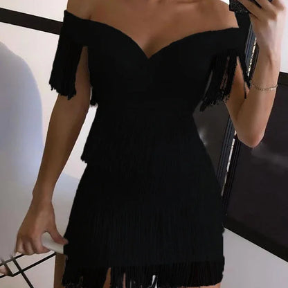White Off Shoulder Tassel Mini Dress - Bodycon Bandage Dress - Shello's Creative Boutique