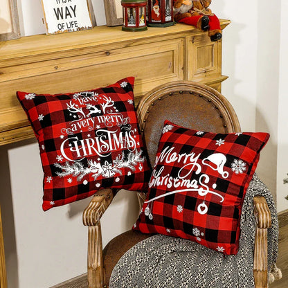 Christmas Red Linen Checkered Pillow Cover - Festive Cushion Cover - Shello's Creative Boutique
