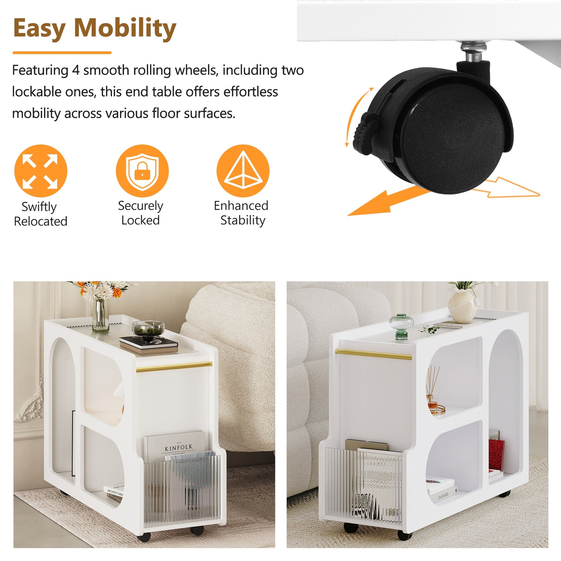 Stylish mobile desk with lockable wheels, white bedside table with 5mm thick grooved tempered glass and gold round bars eprolo