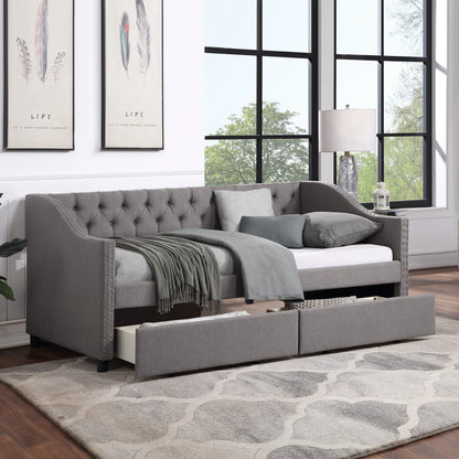 Upholstered Twin Size daybed with Two Drawers Wood Slat Support Gray - Shello's Creative Boutique