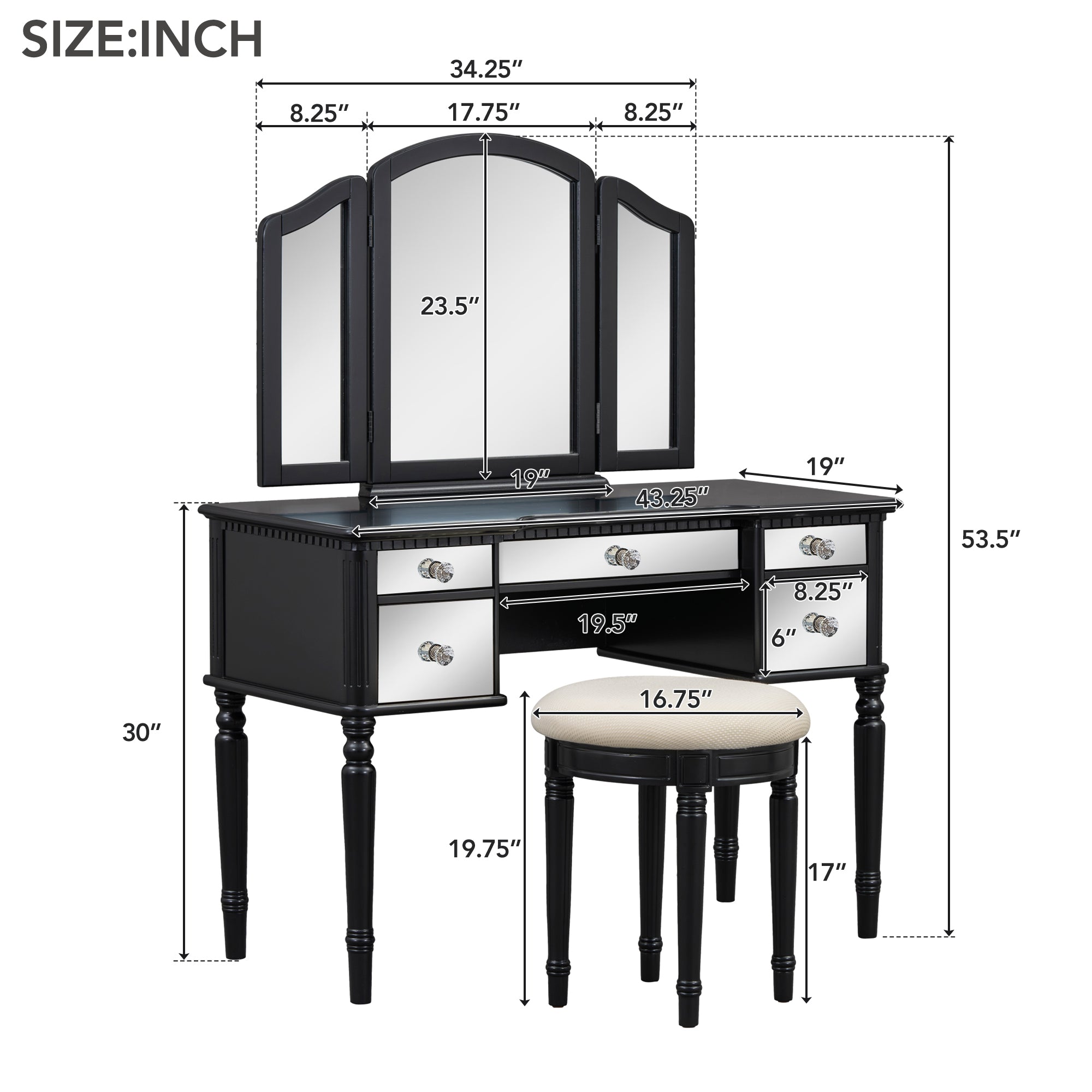 GO 43" Dressing Table Set with Mirrored Drawers and Stool, Tri-fold Mirror, Makeup Vanity Set for Bedroom, Black eprolo