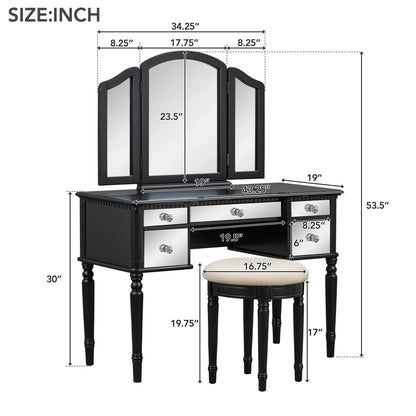 Dressing Table Set with Mirrored Drawers and Stool, Tri-fold Mirror, Makeup Vanity Set - Shello's Creative Boutique