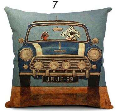 Pillow Lovely Cartoon Dog Driving Car Vintage Almofadas 45X45CM Linen Pillow Decorative Linen Cushion Cover Shello Creative Boutique
