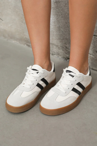 White Striped Lace Up Flat Sneakers - Shello's Creative Boutique