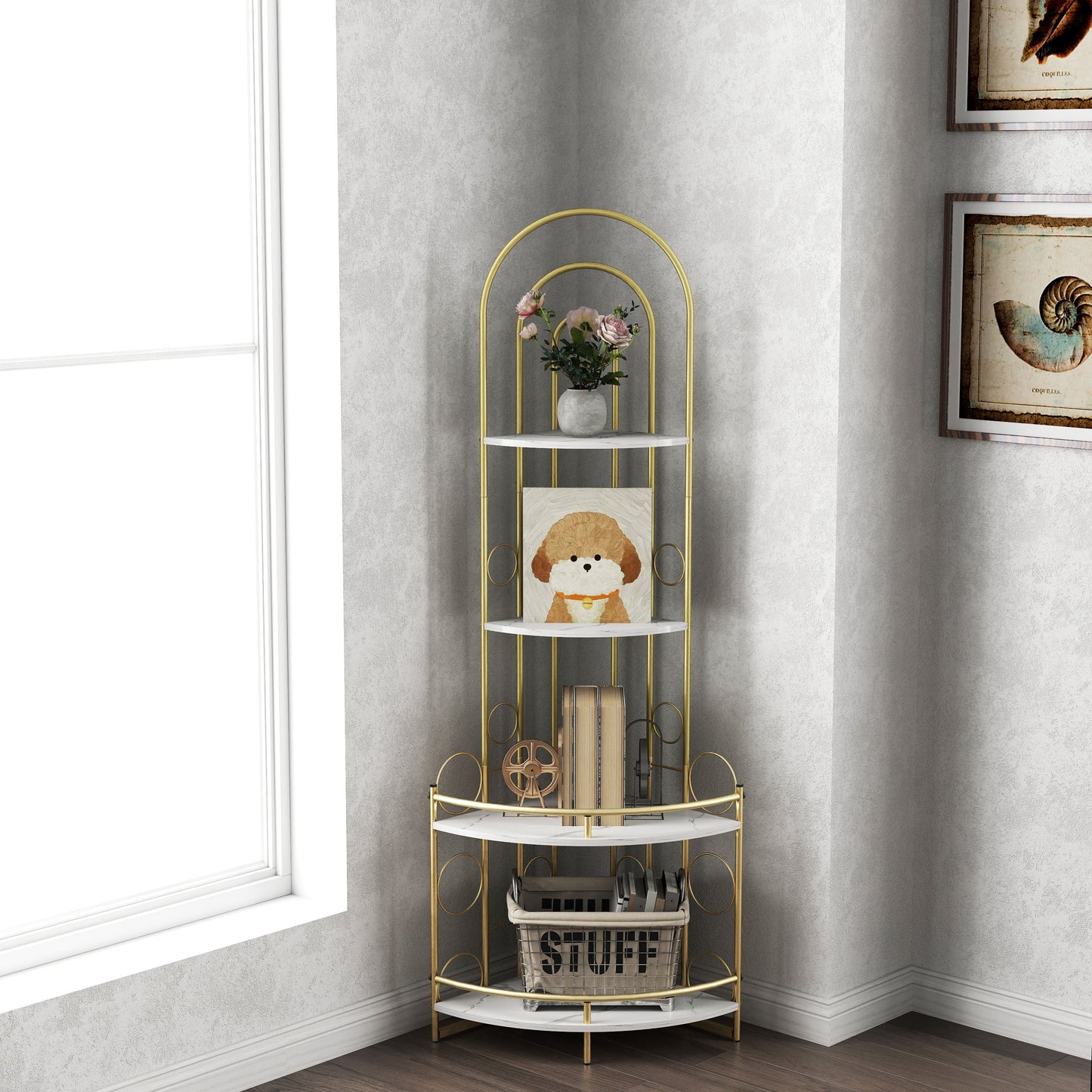 Gold 4-Tier Corner Bookshelf, Modern Style, Plant Stand with Metal Frame eprolo