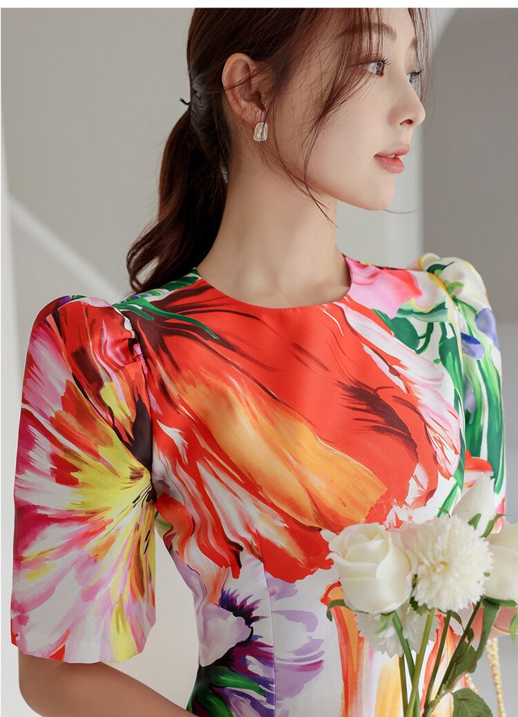 Tingfly Women Vintage Elegant Aesthetic Flower Print Slim Bodycon Midi Party Night Dresses Casual Office Lady Work Elbise Wear