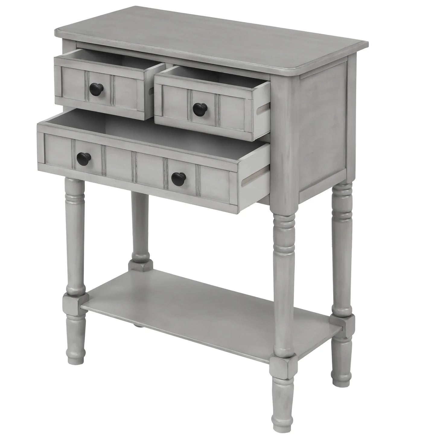 TREXM Narrow Console Desk, Thin Sofa Table with Three Storage Drawers and Living Room Bottom Shelves (Grey Washed) - Shello's Creative Boutique