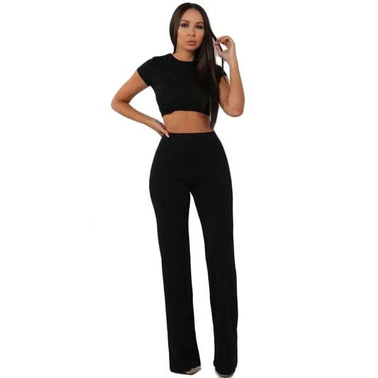 Women knitted long sleeve o-neck crop top wide leg pants 2 piece set for female women tops pants two pieces sets women's suits - Shello's Creative Boutique