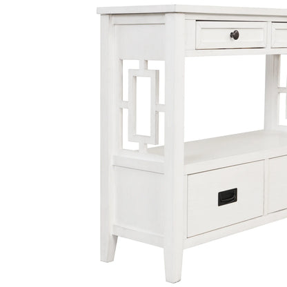 36'' Farmhouse Pine Wood Console Table Entry Sofa Table with 4 Drawers & 1 Storage Shelf (Antique White) - Shello's Creative Boutique