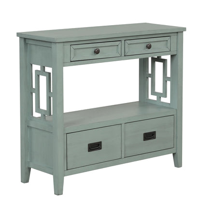 36'' Farmhouse Pine Wood Console Table Entry Sofa Table with 4 Drawers & 1 Storage Shelf (Retro Blue) - Shello's Creative Boutique