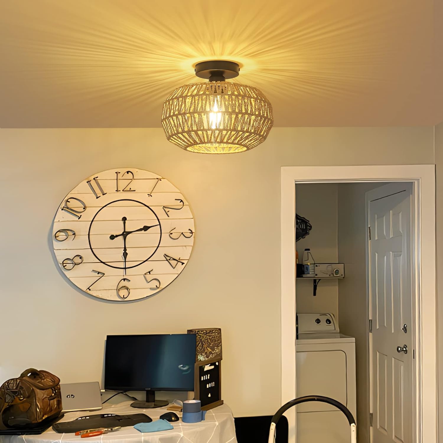Rattan Light Fixtures Ceiling Mount,Boho Ceiling Light Fixture with Dimmable LED Bulb Mini Hand Woven Rattan eprolo
